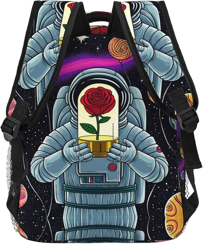 Men Women Lightweight,Astronaut Starry Sky Roses Colorful Planet Art Casual Daypack Big Capacity Bookbag With Padded Straps for Gym Travel Walking Cycling