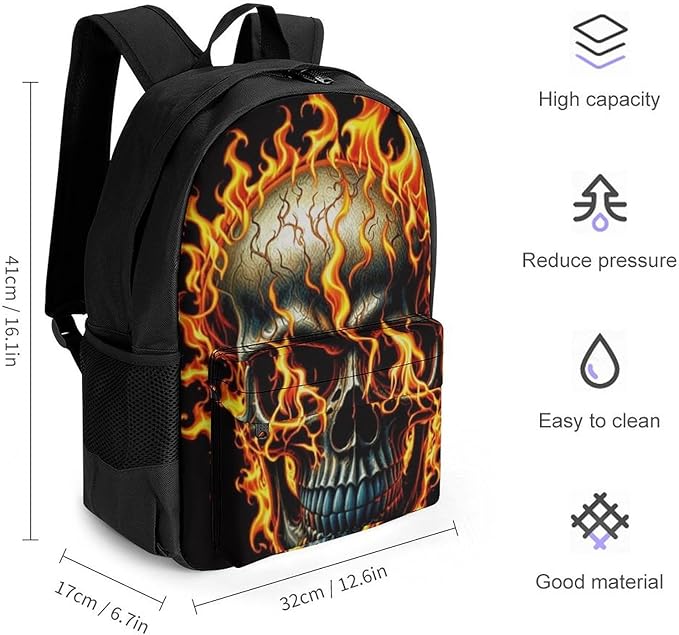 Men Women Lightweight Flaming Fire Skull Casual Daypack Big Capacity Bookbag With Padded Straps for Gym Travel Walking Cycling