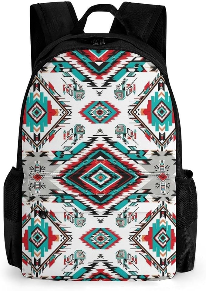 Polyester Daypack Backpack for Trekking Picnic Walking Cycling, Large Capacity Anti-Theft Multipurpose Shoulder Bag, Geometric Indiana Western Southwest Tribal Ethnic Aztec White Casual Daypack