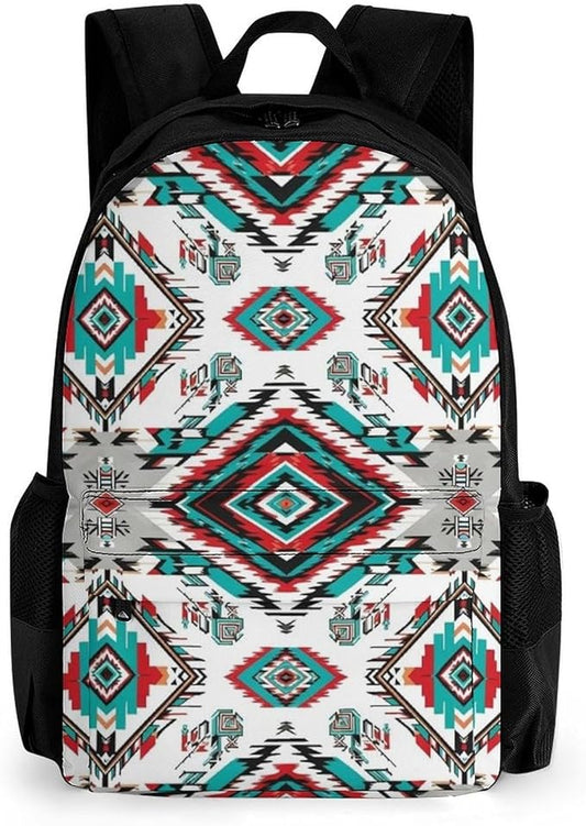 Polyester Daypack Backpack for Trekking Picnic Walking Cycling, Large Capacity Anti-Theft Multipurpose Shoulder Bag, Geometric Indiana Western Southwest Tribal Ethnic Aztec White Casual Daypack