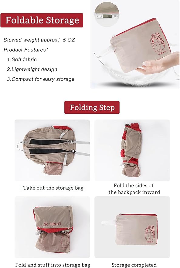 25L Lightweight Foldable Shoulder Backpack Splash Proof Outdoor Sports Daypack Travel Camping Hiking Bag For Men Women (Khaki)