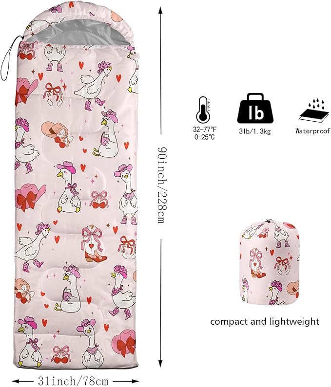 AILONEN Girls Pink Camping Sleeping Bags,Lightweight & Waterproof,3 Season Warm & Cool Weather,Cute Bow Duck Print Sleeping Bags for Kids,Girls,Adults Travelling,Outdoors