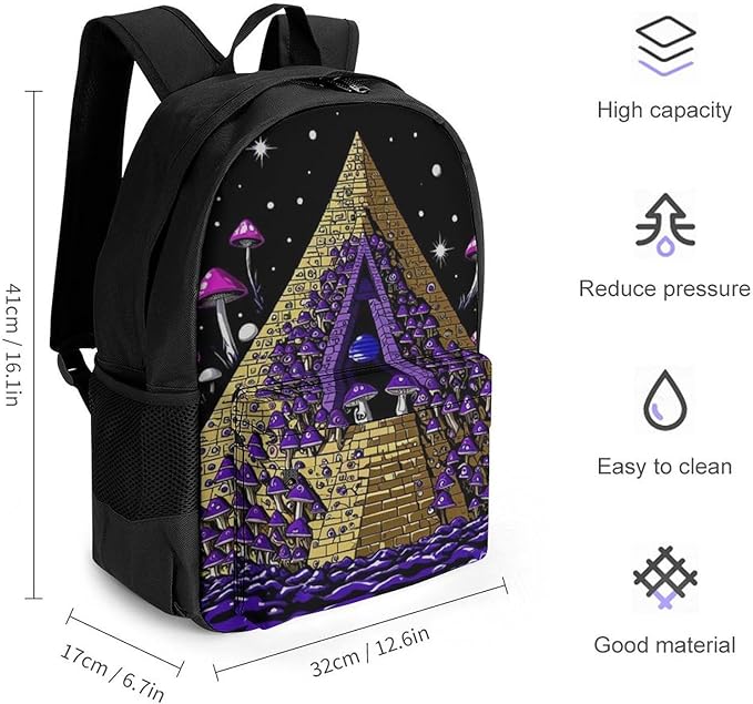 Men Women Polyester Trippy Magic Pyramid Mushrooms Universe Art Daypack Big Capacity Shoulder Bag With Smooth Zippers for Hiking Work Walking Cycling