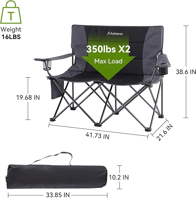 Oversized Double Camping Chairs for Adults, 2 Person Padded Folding Camp Chairs with 2 Cup Holders, Side Pocket for Outside, Picnic, Lawn, Big Heavy Duty Outdoor Loveseat, Black
