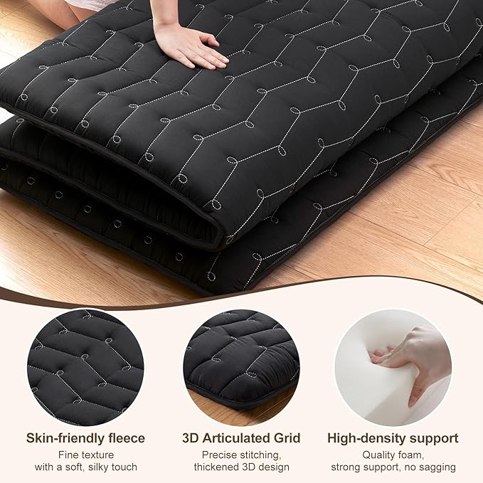Premium Foam 3.2" Thick Japanese Futon Floor Mattress - Twin Size 39"x80" 100% High-Density Foam,Comfortable Sleeping Pad,Tatami Mat for Dorm,Bedroom or Guest Room，Boys Girls Dormitory Pads(Black)