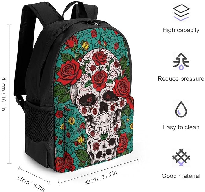 Supdreamc Daypack Bookbag Anti-Theft Multipurpose Large Capacity Bookbag, Sugar Skull Roses Flower Art Travel Hiking Camping Rucksack With Adjustable Shoulder Straps