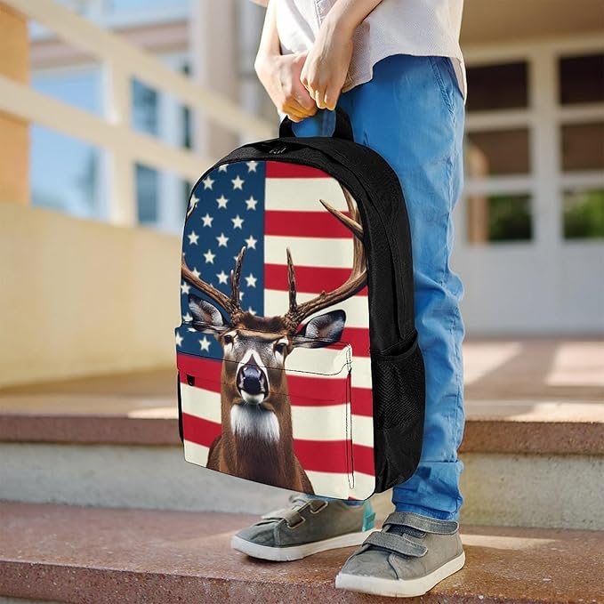 Supdreamc Lightweight Backpack for Gym Travel Bicycle, Big Capacity Multipurpose Anti-Theft Carry On Bag, American Hunting Deer Flag Travel Hiking Bag Day Pack