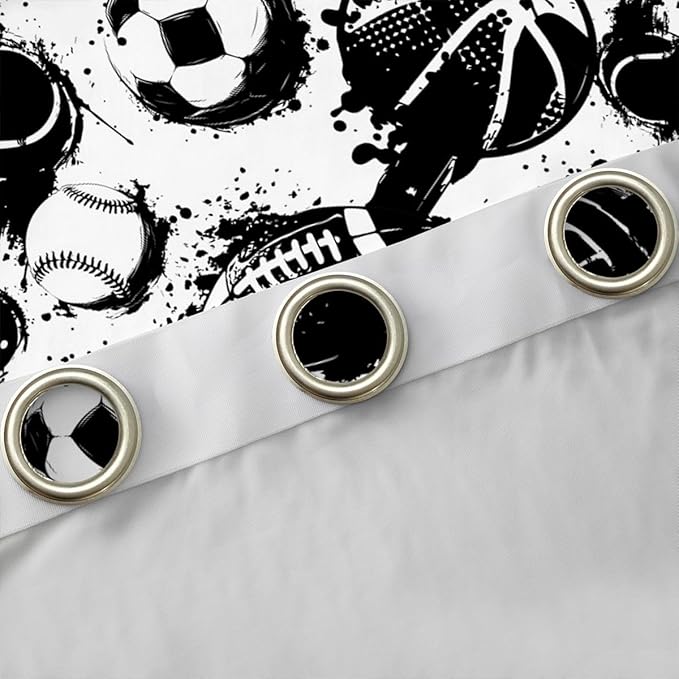 Black White Ball Blackout Curtains Basketball Soccer Football Baseball Window Drapes,Sports Theme Window Treatments,Kids Boys Girls Room Decor,Grommet Top 2 Panel Set Bedroom Curtains, 42Wx84L inch