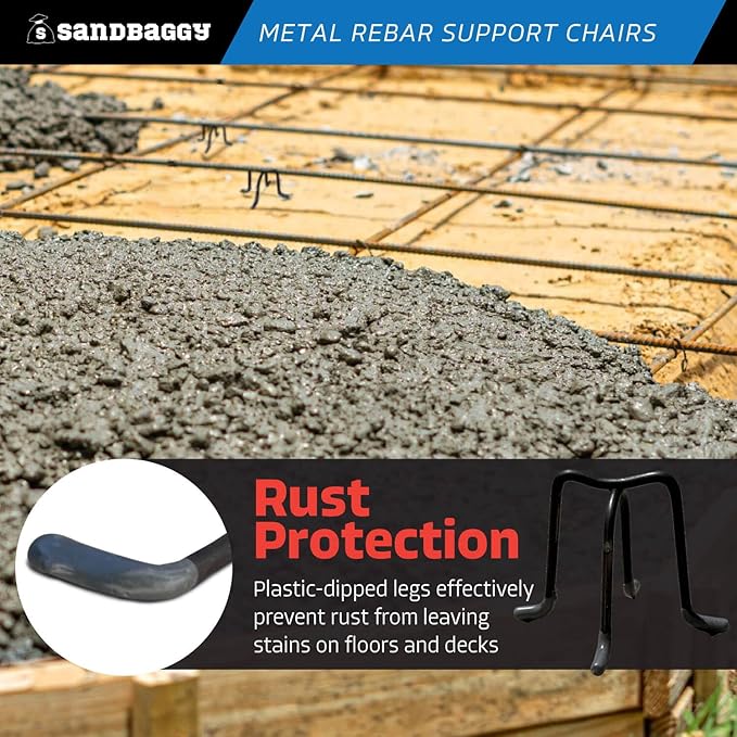 Sandbaggy 3 inch Metal Rebar Support Chairs - Plastic Dipped Legs - Rebar #3 to #5 - Concrete Wire Mesh Stands, Seat for Footings, Slabs, Walls (100, 3")
