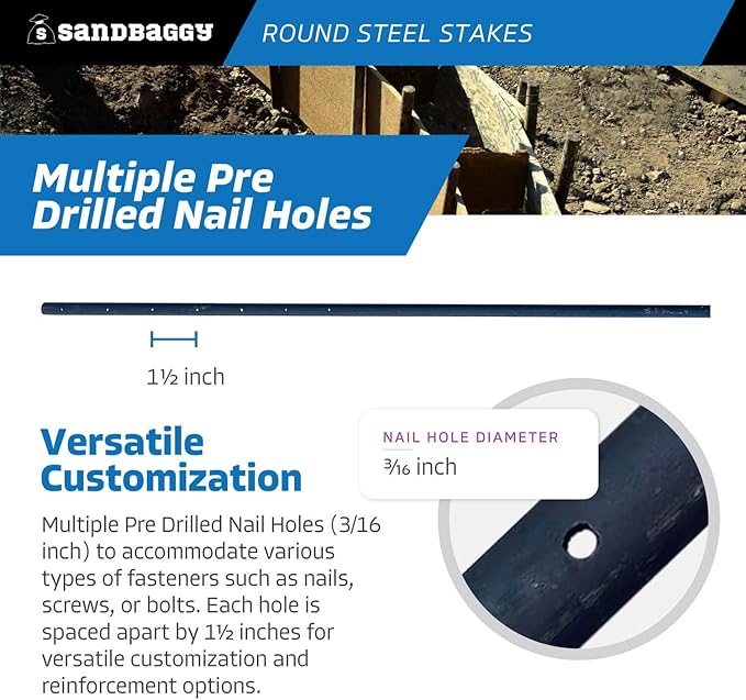 Sandbaggy Round Steel Concrete Form Stakes with Nail Holes - Rust Resistant Coating - Removable, Reusable (200, 3/4 in X 48 in)