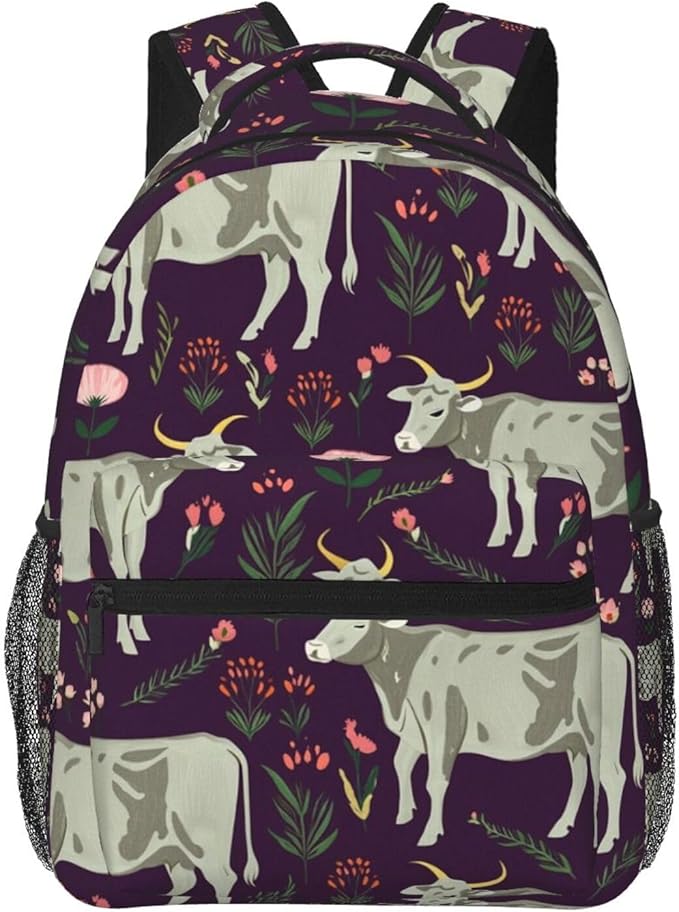 Men Women Polyester Brahman Cow Floral Backpack Large Capacity Bookbag With Smooth Zippers for Climbing Picnic Bicycle