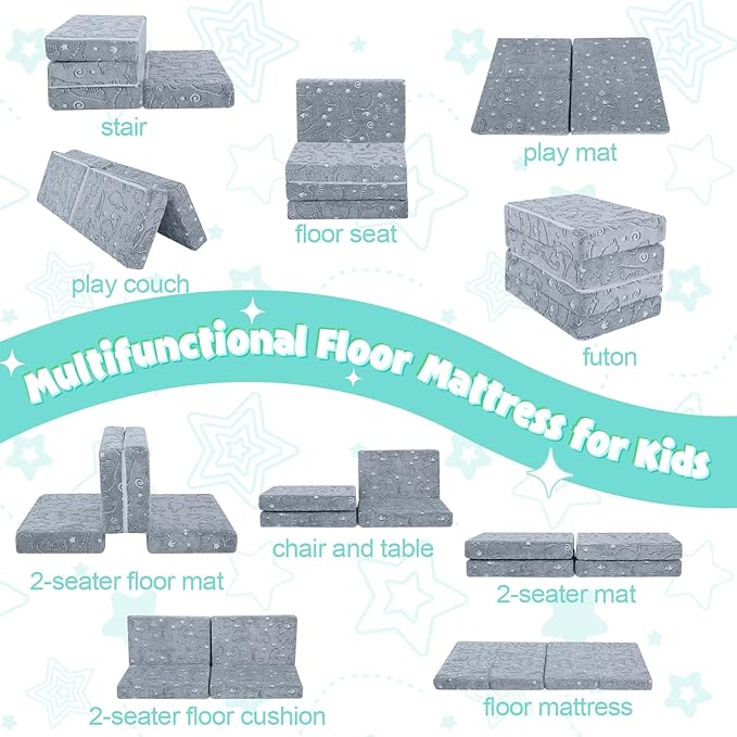 MeMoreCool Kids Folding Mattress, Trifold Foldable Floor Mattress for Kids, 63x26 Portable Floor Mat with Washable Cover and Carry Bag for Camping Sleepover Daycare, Grey Dinosaur
