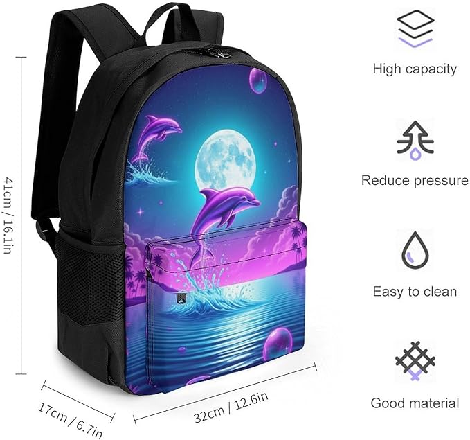 Polyester Daypack for Camping Travel Walking Cycling, Big Capacity Anti-Theft Multipurpose Bookbag, Full Moon Dolphin Purple Blue Camping Outdoor Backpack