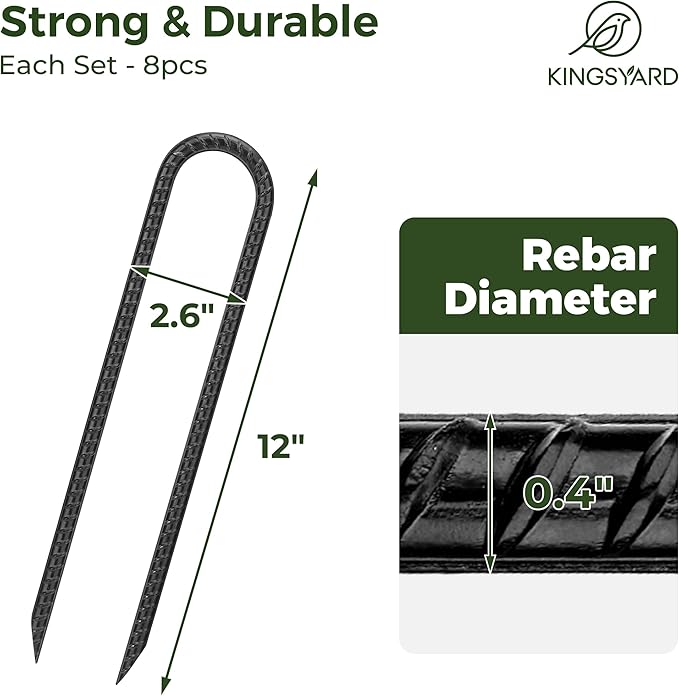 Kingsyard 8 Pack 12 Inch Trampolines Wind Stakes, 0.4 Inch Diameter 2.6 inche Wide Galvanized Steel U Hook Rebar Stakes, Multi-Purpose Heavy Duty Ground Anchors for Tent, Fences, Swing, Landscape