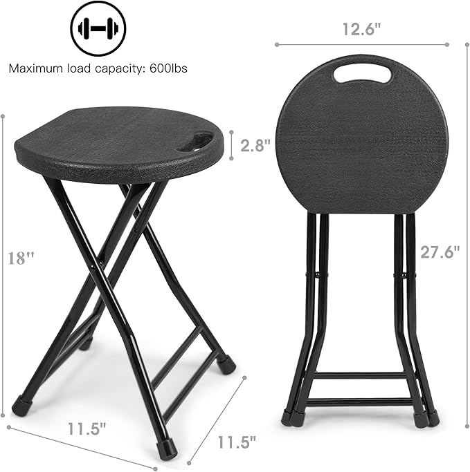 Set of 4 Folding Stool, Foldable Stool with Handle, Portable Stools for Adults Heavy Duty, Folding Chair Outdoor/Indoor, 18 inch Collapsible Stool for Meeting Room/Party/Garden/Home (Black)