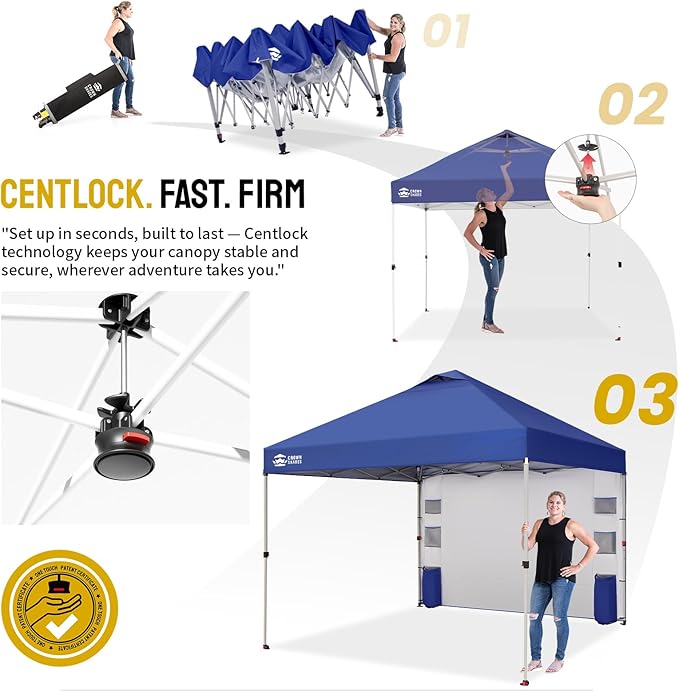 CROWN SHADES Canopy Tent, 10 x 10 Foot Portable Pop Up Outdoor Shelter with Pocket Sidewall, Push Center Lock, UV Protection, and Carry Bag, Navy Blue