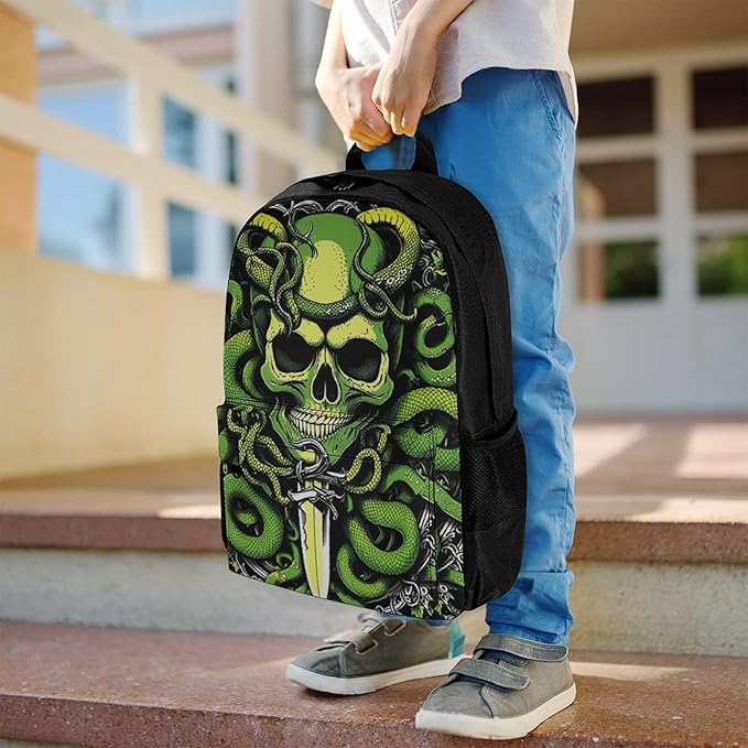 Supdreamc Men Women Lightweight Medusa Skull Green Snake Art Daypack Bookbag Big Capacity Carry On Bag With Side Pockets for Camping Travel Bicycle