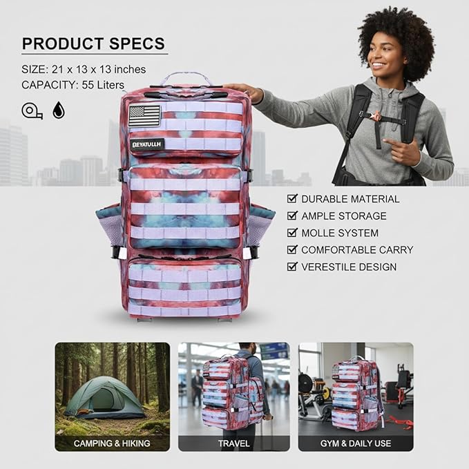 Military Tactical Backpack 55L for Men & Women Bug Out Bag Assault pack Molle Daypack Hiking Trekking Rucksack (Nebula camouflage)