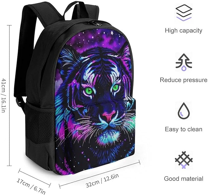 Polyester Daypack for Camping Travel Walking Cycling, Big Capacity Anti-Theft Multipurpose Bookbag, Mystic Fantasy Galaxy Sky Fantasy Wild Animals Tiger Art Camping Outdoor Backpack