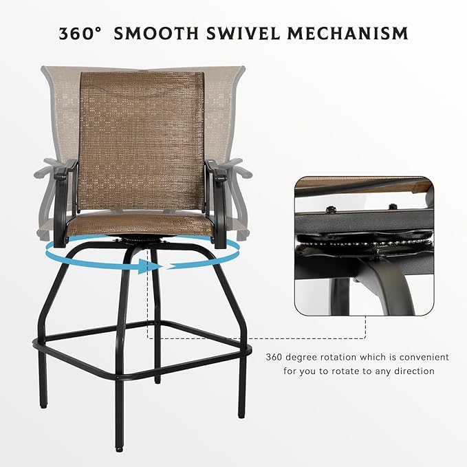 LEVELEVE Patio Bar Set 2pcs Swivel Bar Stools Outdoor Bistro Textilene Furniture Stability All-Weather Set (Dark Brown Fabric)