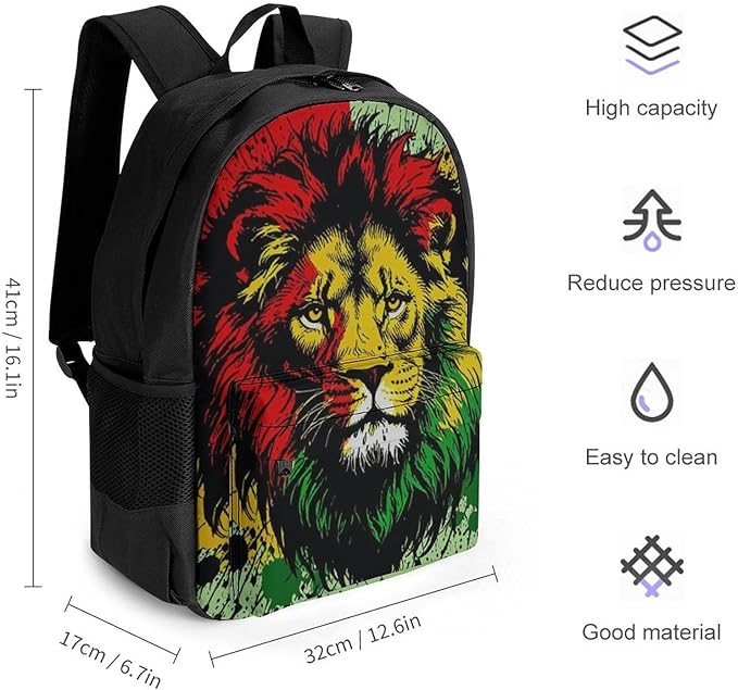 Men Women Lightweight Rasta Flag Black Paint Splatter Lion Backpack Large Capacity Bookbag With Smooth Zippers for Gym Business Running