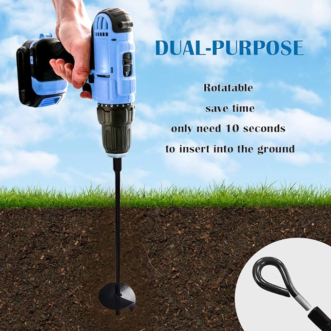 MIXXIDEA 15 inch 4 Pack Ground Anchor Stakes, Dual-Purpose Heavy Duty Metal Earth Augers for Tents, Canopies, Trampoline Sheds, Car Ports, Swing Sets, Small Buildings (Black-4 Pack)