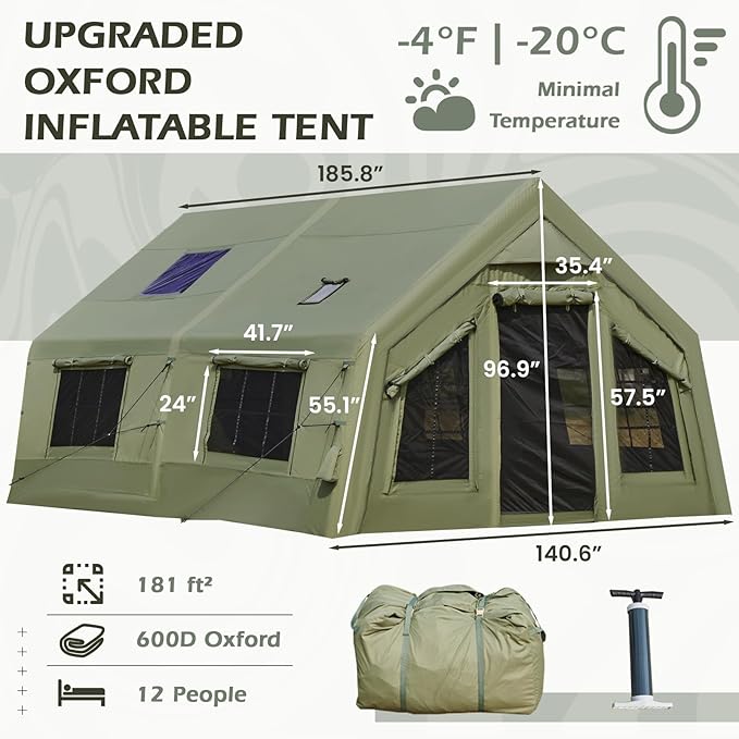 EROMMY 4/6/8/12 Person Inflatable Tent with Skylight, 4 Season Blow Up Tents with Hand Pump for Outdoor Camping & Hiking, Easy Set-up Windproof Sunproof Waterproof