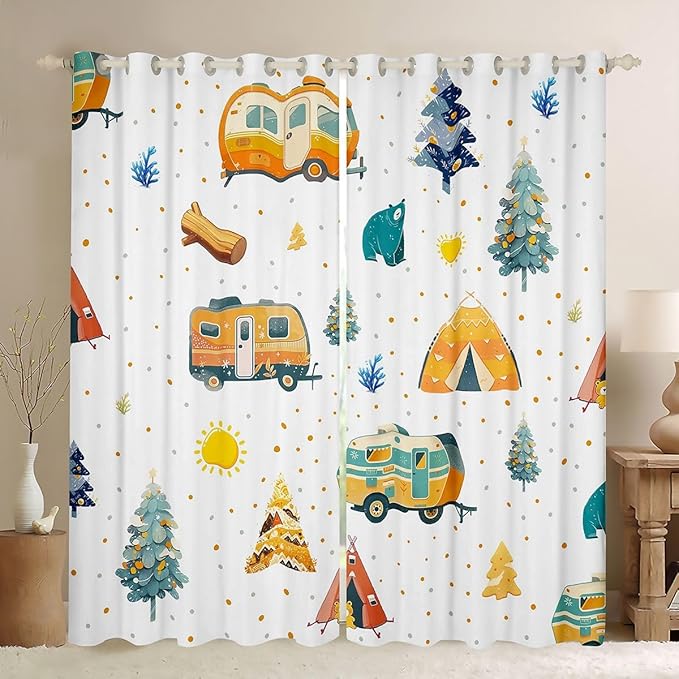 Feelyou RV Camping Camper Curtains for Bedroom Living Room Adventure Camper Blackout Darkening Drapes Happy Camping Window Treatments, 2 Panels 52 x 84 Inch Room Decor