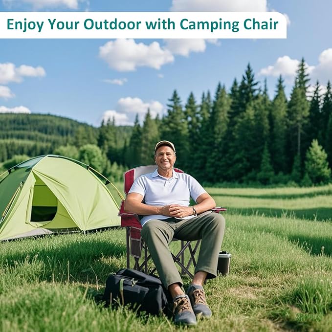 Camping Chair with Cooler Bag, Cup Holder, Storage Pocket, Heavy Duty 450lbs Capacity with Large Anti-Sink Feet, Portable Folding Padded Chair for Outdoor, Beach, Fishing, Sports, Red