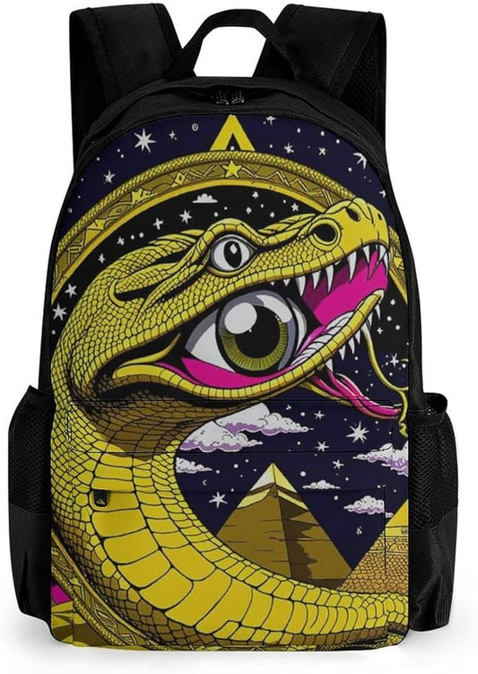 Men Women Polyester Egypt'S Mysterious Pyramids Golden Snake Art Daypack Backpack Large Capacity Carry On Bag With Smooth Zippers for Hiking Picnic Walking Cycling