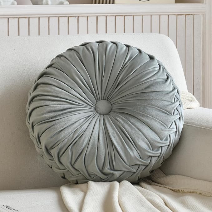 Round Throw Pillow Velvet Home Decoration Pleated Round Pillow Cushion for Couch Chair Bed Car Grey