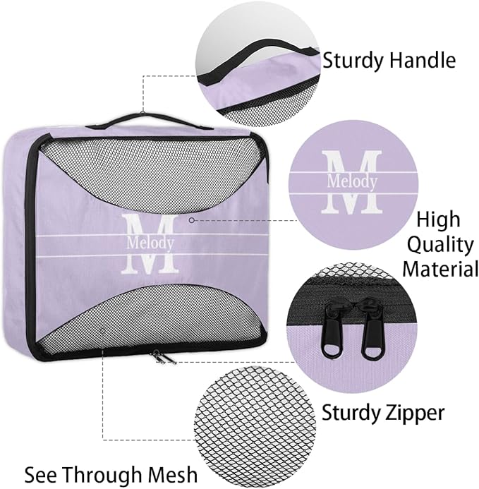 Custom Packing Cubes with Name - 4 Piece Light Purple Packing Cubes Compression Luggage Suitcase Organizer Set with Initial Letter