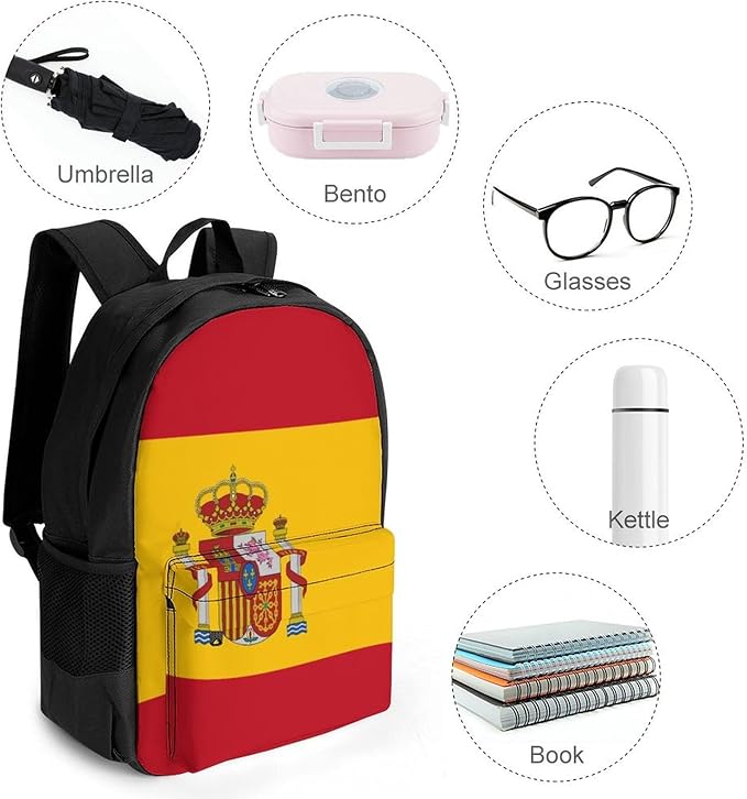 Shoulder Book Bags Anti-Theft Multipurpose Big Capacity Bookbag, Spain Flag Travel Hiking Backpack With Smooth Zippers
