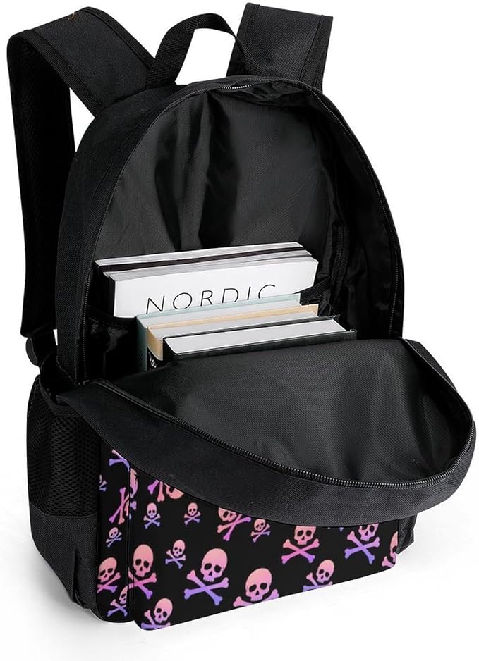 Polyester Daypack for Hiking Work Running, Big Capacity Anti-Theft Multipurpose Shoulder Bag, Purple And Pink Crossbones Skull Travel and Sport Backpack Rucksack
