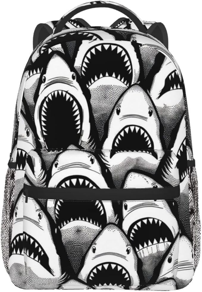 Lightweight Daypack Bookbag for Trekking Business Walking Cycling, Big Capacity Anti-Theft Multipurpose Carry On Bag, Animal Black And White Sharks Art Business Computer Bag