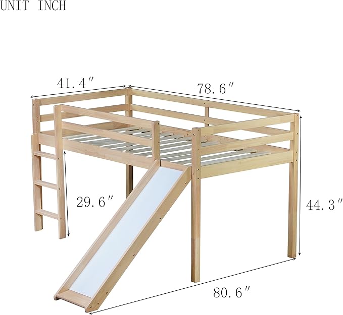 KEIKI Twin Low Loft Bed with Slide & Ladder, Rubber Wood, Underbed Storage, Guardrails, White Oak