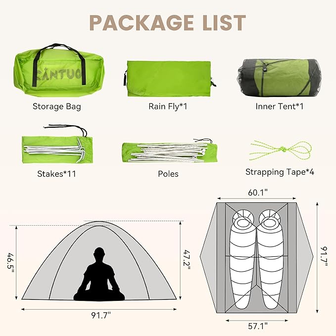CANTUO Ultralight Camping Backpacking Tent 2 Person - Windproof & Waterproof PU5000mm 20D Nylon Tents for Camping, Hiking, Bikepacking