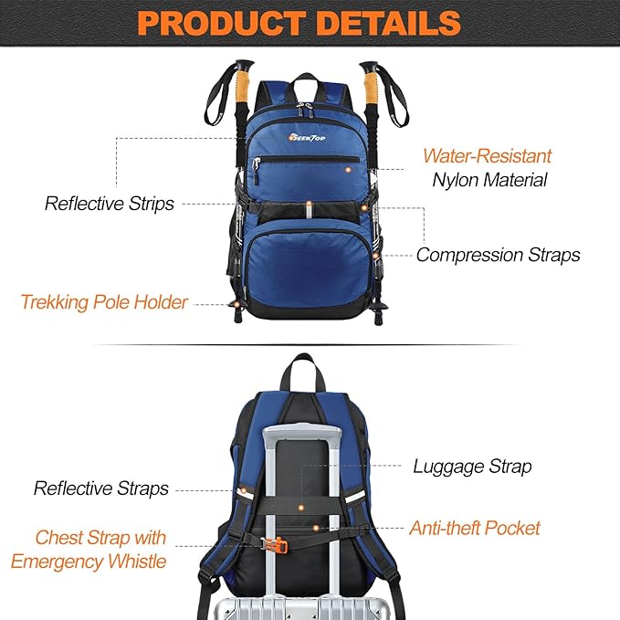 Seektop Lightweight Travel Backpack for Men Women, Multiple Pockets 40L Hiking Backpack Foldable Carry on Backpack for Outdoor Camping Sport Leisure (Blue)