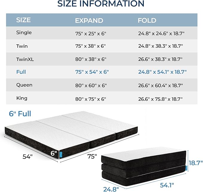 Odorless Foldable Mattress Full Size 75" x 54" x 6", 6 Inch Folding Foam Mattress with Storage Bag, Fiberglass Free Trifold Memory Foam Mattress for RV, Guest Bed