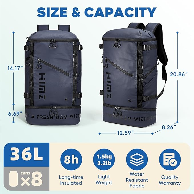 Waterproof Camping Backpack with Lunch Compartment, Mens Backpack Insulated for Work, 17 inch Laptop Bag, Carry On Backpacks for Airplane Beach Travel, Blue