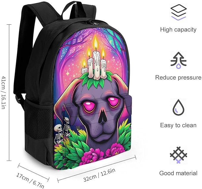 Supdreamc Men Women Polyester Surrealist Dog Halloween Skeletons Flowers Fantasy Art Daypack Backpack Large Capacity Carry On Bag With Smooth Zippers for Hiking Picnic Walking Cycling