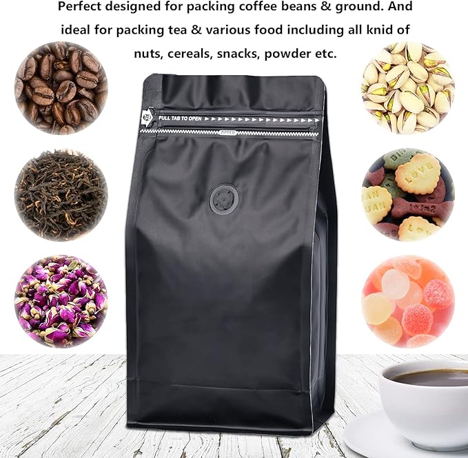 50 Pack Coffee Bags Degassing Valve, Resealable High Barrier Storage Bags with Aluminum Foil, Odor-Proof for Coffee Beans, Stand Up Coffee Pouch, Flat Bottom (Large-16OZ, Black)