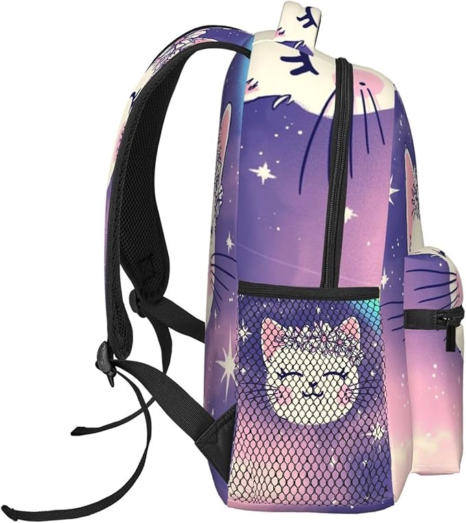 Backpack Multipurpose Anti-Theft Large Capacity Bookbag, Cute Rainbow Cat Face Art Travel Hiking Daypack With Side Pockets