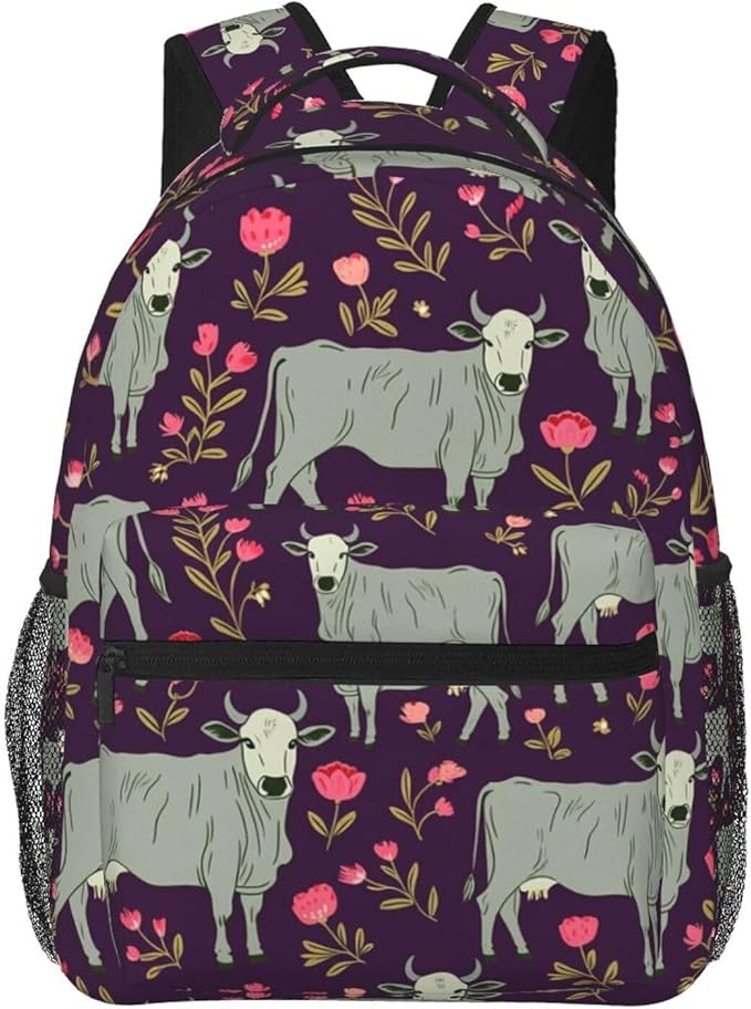 Polyester Daypack for Camping Travel Walking Cycling, Big Capacity Anti-Theft Multipurpose Bookbag, Brahman Cow Floral Camping Outdoor Backpack