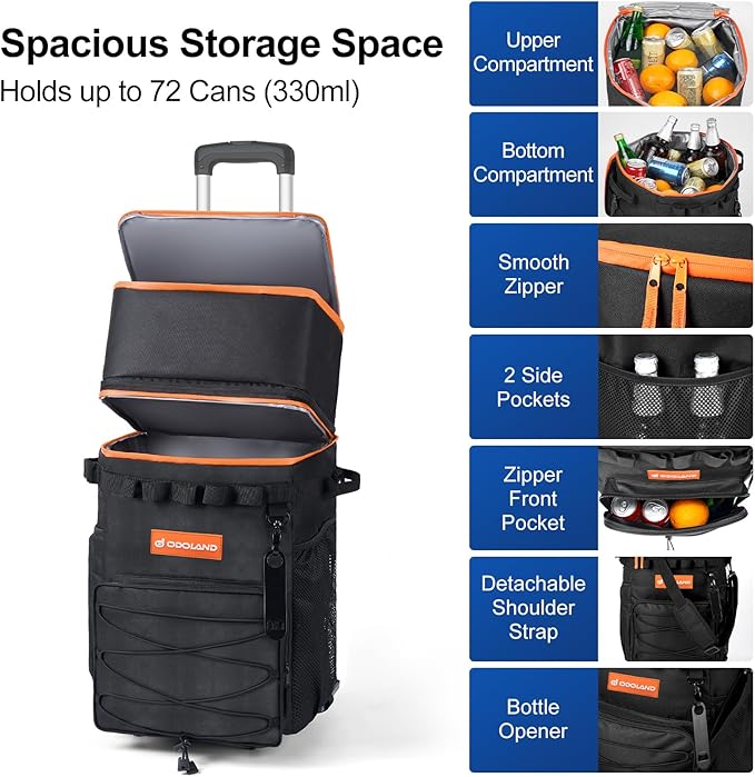 Odoland 48/72 Cans Soft Cooler with Wheels and Handle Collapsible Ice Chest Rolling Coolers on Wheels for Beach Camping Travel and Picnic
