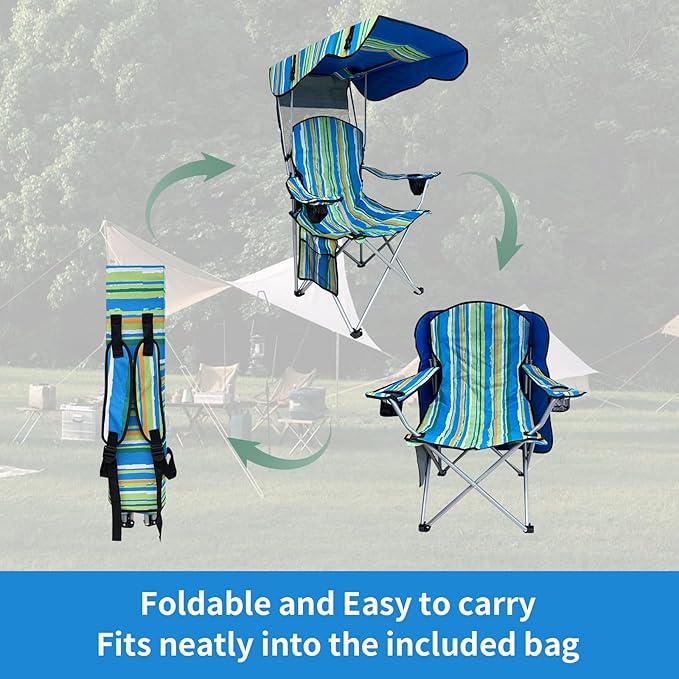 Portable Camping Chair with Adjustable Canopy Shade- Folding Camping Lounge Chair with Cup Holder & Side Pocket for Outdoor Camping, Fishing, Beach - Support 330 LBS (STREAK-2PK)