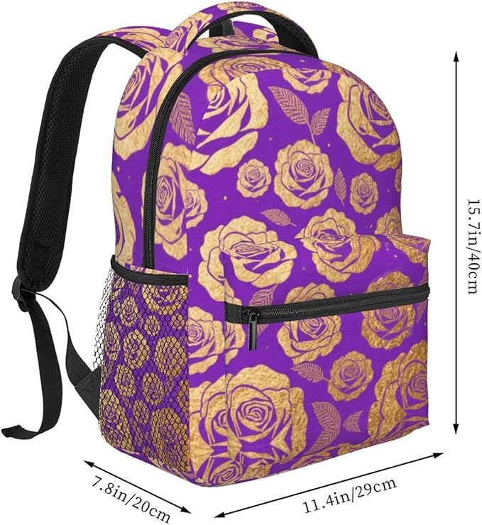 Men Women Lightweight Purple Gold Rose Art Backpack Large Capacity Carry On Bag With Padded Straps for Sports Work Walking Cycling