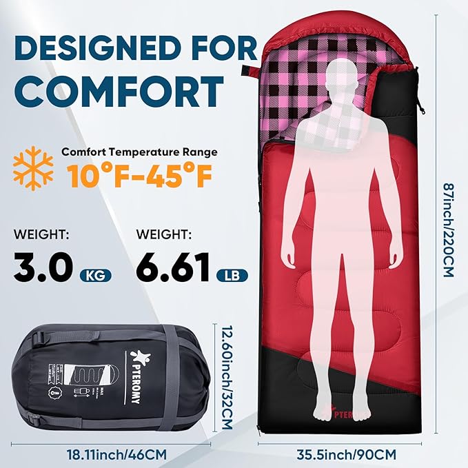 PTEROMY Sleeping Bags for Adults, Lightweight and Machine Washable, Water Resistant Backpacking Camping Sleeping Bag for Warm Cold Weather, Camping Essentials for Hiking Travel