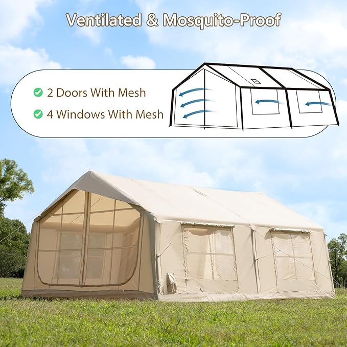 Inflatable Camping Tent with Hand Pump Waterproof Outdoor Blow up Tent 2-8 Person Oxford 4 Season Glamping Air Tent Cabin House with Mesh Windows & Door
