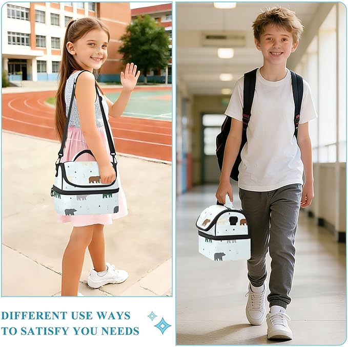 Double-layer Lunch Bag Bears Double Deck Cooler Bags with Strong Support for Beach, Travel, Car